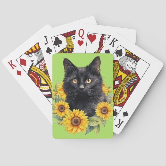Black Cat Sunflowers Lime Green Poker Cards (Back)