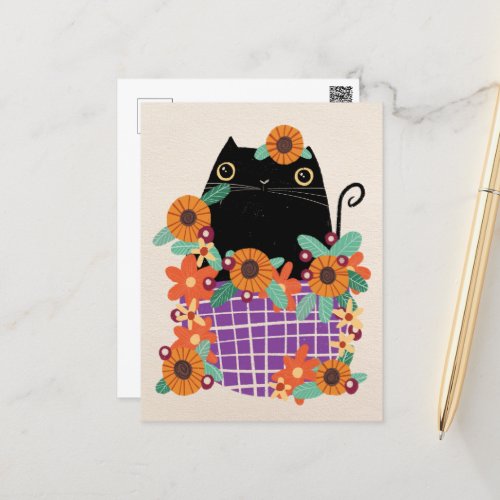 Black cat  sunflowers postcard