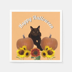 Black Cat, Sunflowers, Pumpkins Halloween Napkins