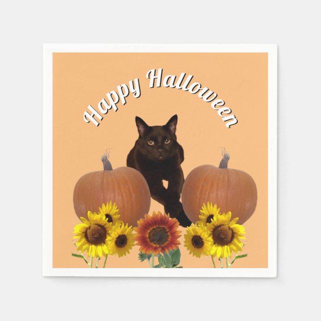 Black Cat, Sunflowers, Pumpkins Halloween  Napkins (Front)