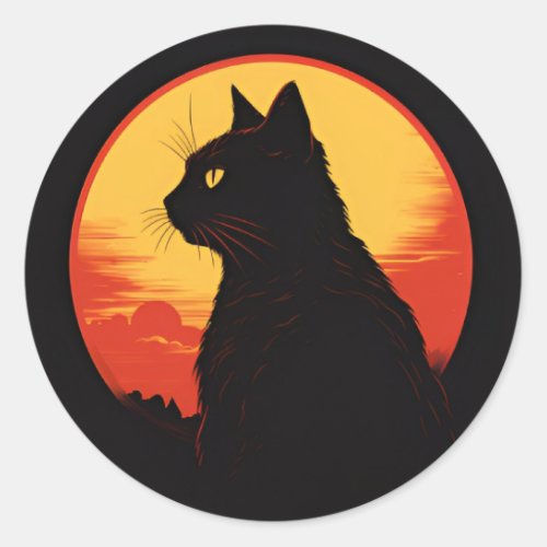 Black Cat Sunset Silhouette Classic Round Sticker