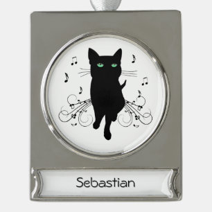 Black Cat Surrounded by Notes of Music Name Silver Plated Banner Ornament