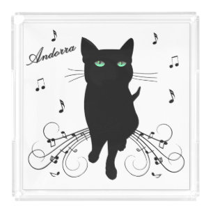 Black Cat Surrounded by Notes of Music Personal  Acrylic Tray
