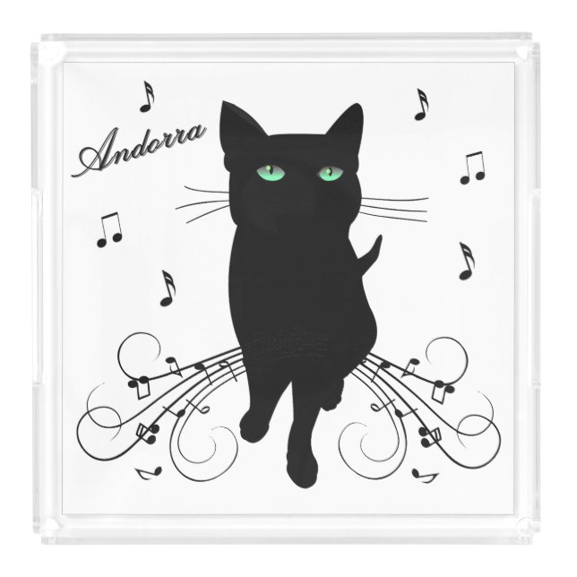 Black Cat Surrounded by Notes of Music Personal  Acrylic Tray (Front)