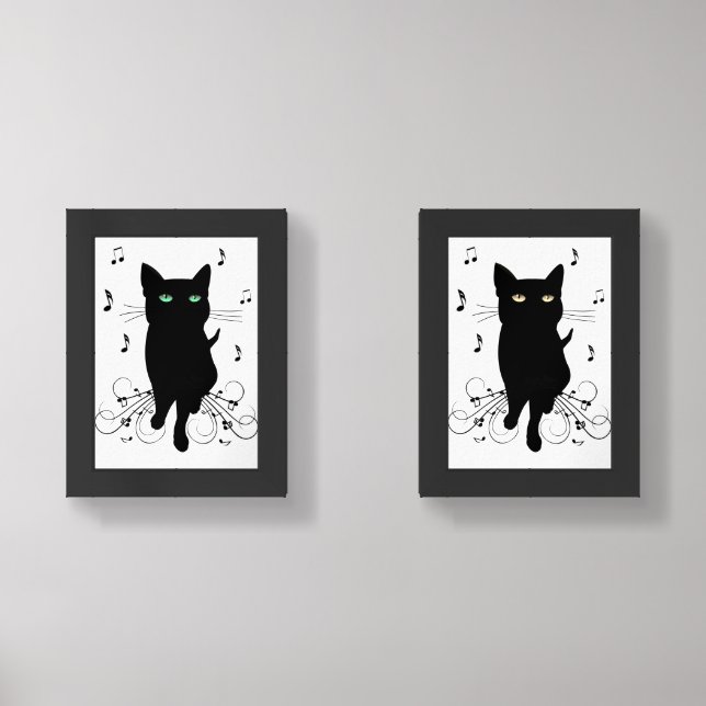 Black Cat Surrounded by Notes of Music  Wall Art Sets (Front)