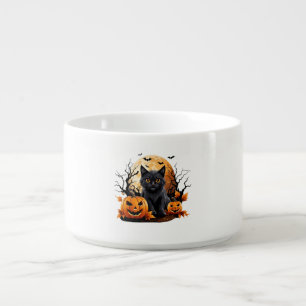 Black cat surrounded by pumpkins bowl