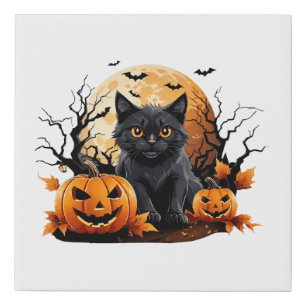 Black cat surrounded by pumpkins faux canvas print