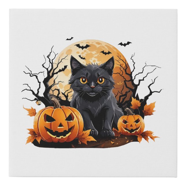 Black cat surrounded by pumpkins faux canvas print (Front)