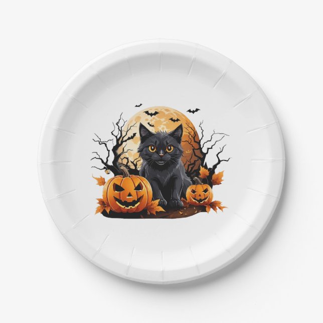 Black cat surrounded by pumpkins paper plates (Front)