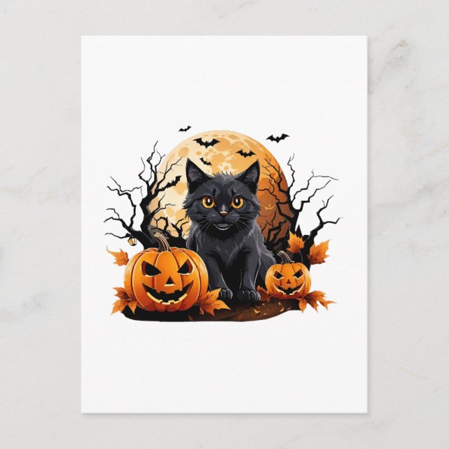 Black cat surrounded by pumpkins postcard (Front)