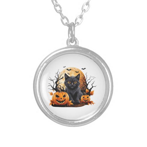 Black cat surrounded by pumpkins silver plated necklace