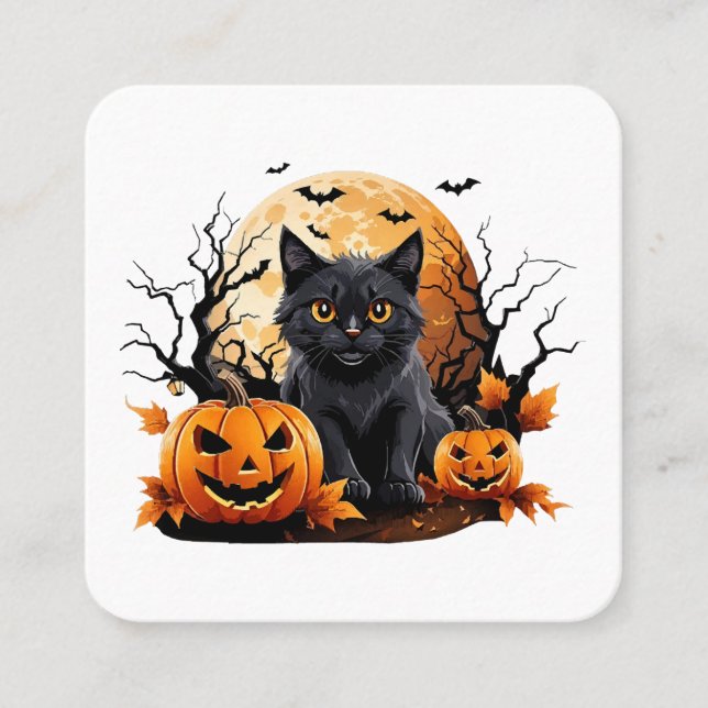 Black cat surrounded by pumpkins square business card (Front)