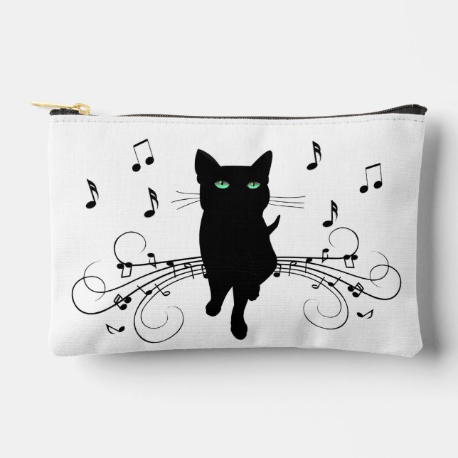 Black Cat Surrounded by Whispering Notes of Music Accessory Pouch (Front)