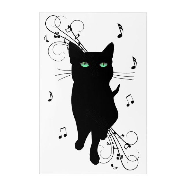 Black Cat Surrounded by Whispering Notes of Music Acrylic Print (Front)