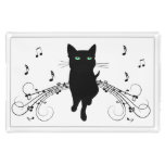 Black Cat Surrounded by Whispering Notes of Music Acrylic Tray