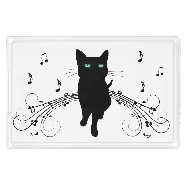 Black Cat Surrounded by Whispering Notes of Music Acrylic Tray (Front)