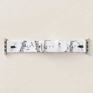 Black Cat Surrounded by Whispering Notes of Music Apple Watch Band