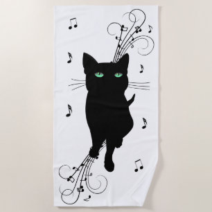 Black Cat Surrounded by Whispering Notes of Music Beach Towel