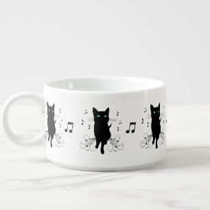 Black Cat Surrounded by Whispering Notes of Music Bowl