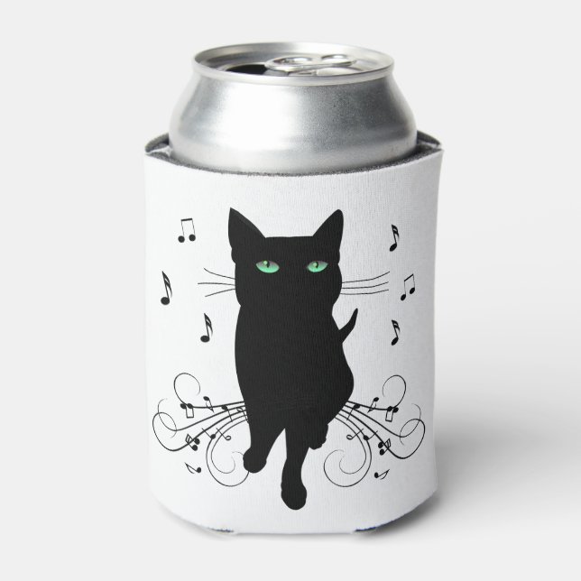 Black Cat Surrounded by Whispering Notes of Music Can Cooler (Can Front)