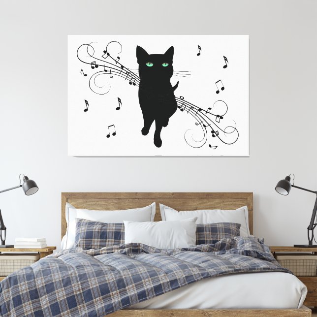 Black Cat Surrounded by Whispering Notes of Music Canvas Print (Insitu(Bedroom))