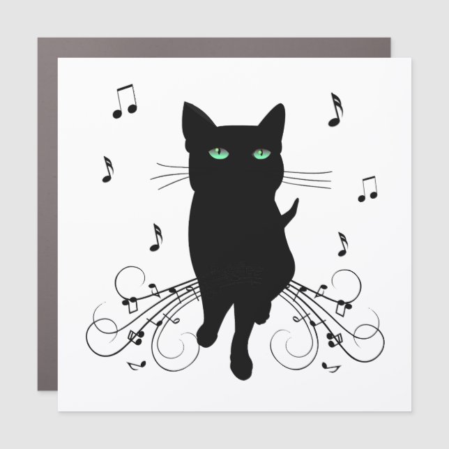 Black Cat Surrounded by Whispering Notes of Music Car Magnet (Front)