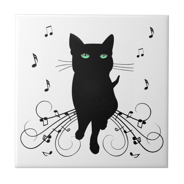 Black Cat Surrounded by Whispering Notes of Music Ceramic Tile (Front)