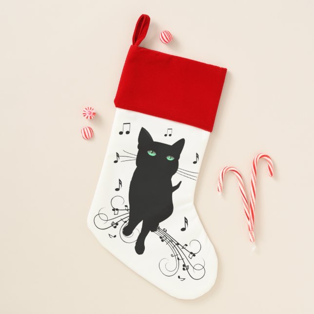 Black Cat Surrounded by Whispering Notes of Music Christmas Stocking (Front)