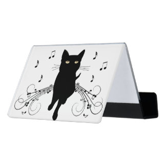 Black Cat Surrounded by Whispering Notes of Music Desk Business Card Holder