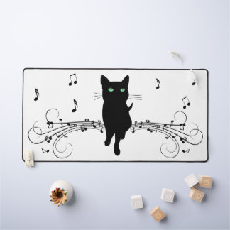 Black Cat Surrounded by Whispering Notes of Music Desk Mat