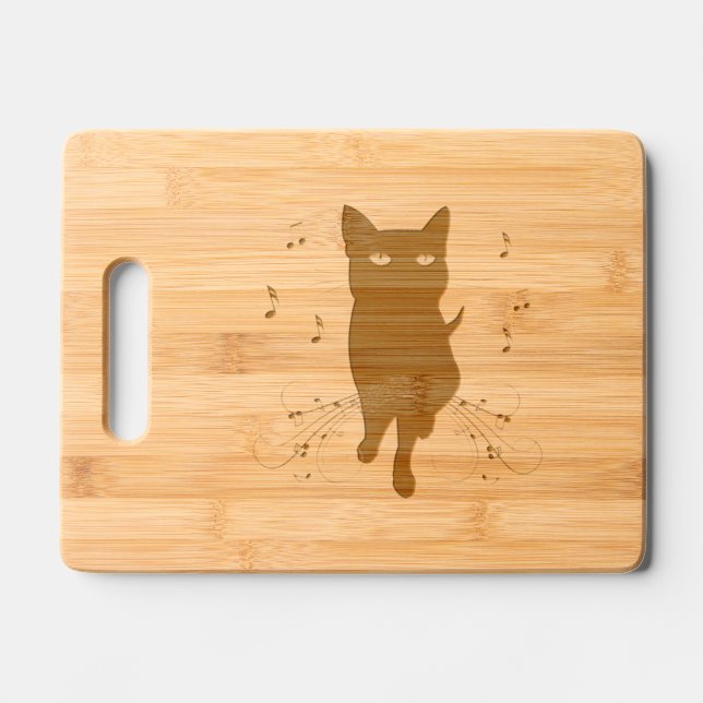 Black Cat Surrounded by Whispering Notes of Music Engraved Cutting Board (Front)