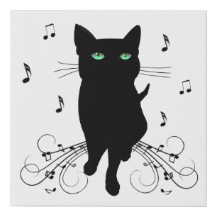 Black Cat Surrounded by Whispering Notes of Music Faux Canvas Print