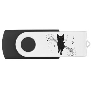 Black Cat Surrounded by Whispering Notes of Music Flash Drive