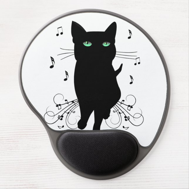 Black Cat Surrounded by Whispering Notes of Music Gel Mouse Pad (Front)