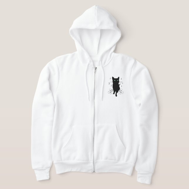 Black Cat Surrounded by Whispering Notes of Music Hoodie (Laydown)