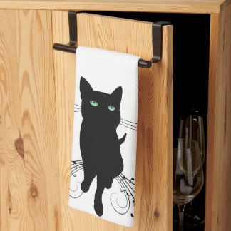 Black Cat Surrounded by Whispering Notes of Music Kitchen Towel