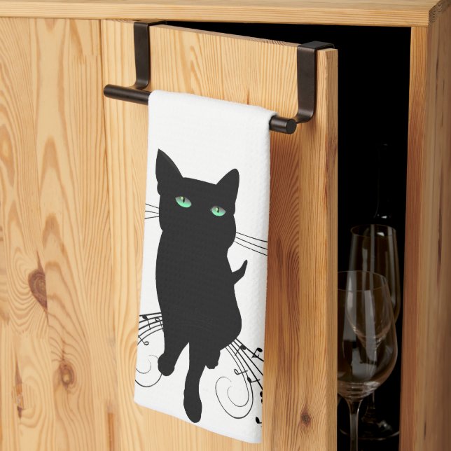 Black Cat Surrounded by Whispering Notes of Music Kitchen Towel (Thirds Fold)