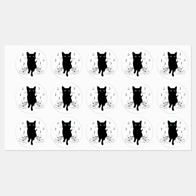 Black Cat Surrounded by Whispering Notes of Music Labels (Sheet)