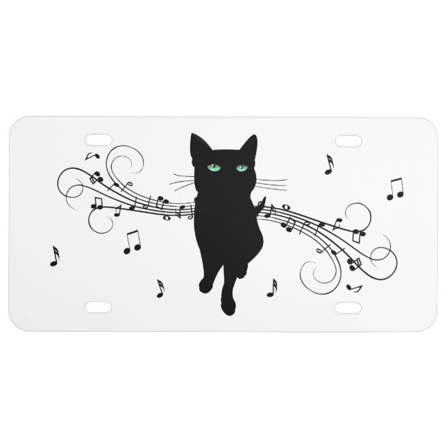 Black Cat Surrounded by Whispering Notes of Music License Plate (Front)