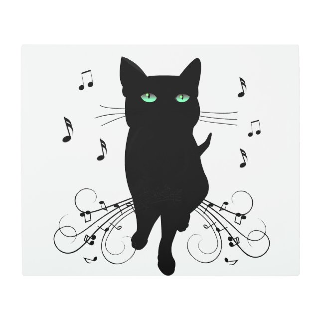 Black Cat Surrounded by Whispering Notes of Music Metal Print (Front)