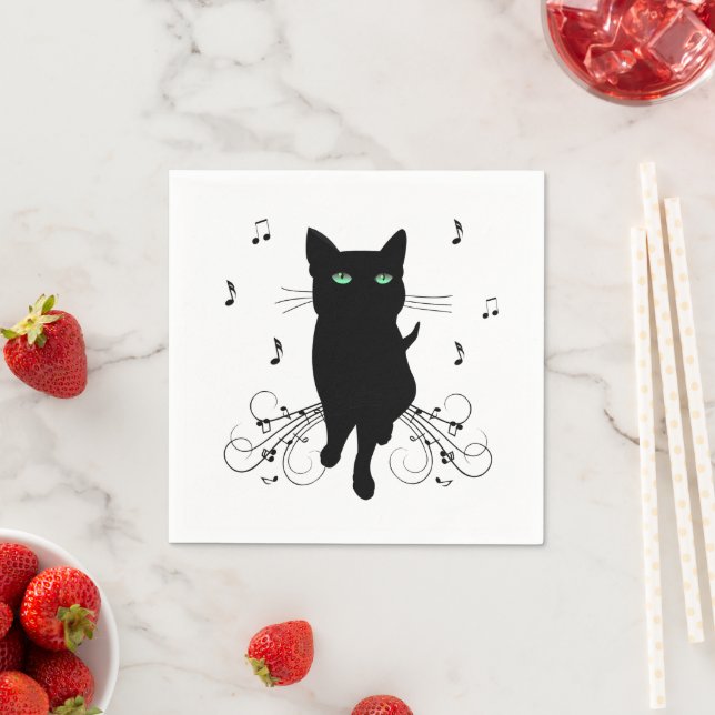 Black Cat Surrounded by Whispering Notes of Music Napkins (Insitu)