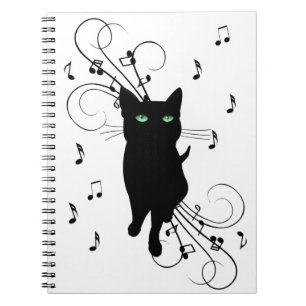 Black Cat Surrounded by Whispering Notes of Music Notebook