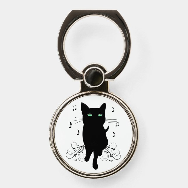 Black Cat Surrounded by Whispering Notes of Music Phone Ring Stand (Front)