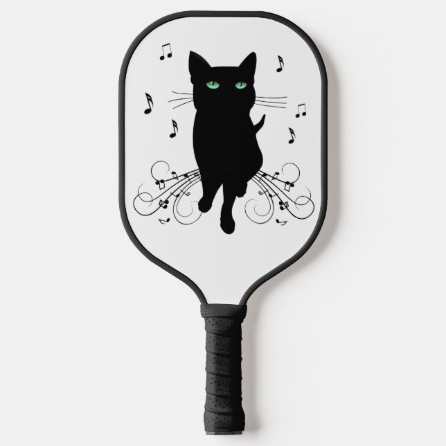 Black Cat Surrounded by Whispering Notes of Music Pickleball Paddle (Front)