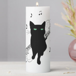 Black Cat Surrounded by Whispering Notes of Music Pillar Candle