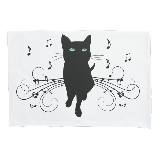 Black Cat Surrounded by Whispering Notes of Music Pillow Case (Front-Left)