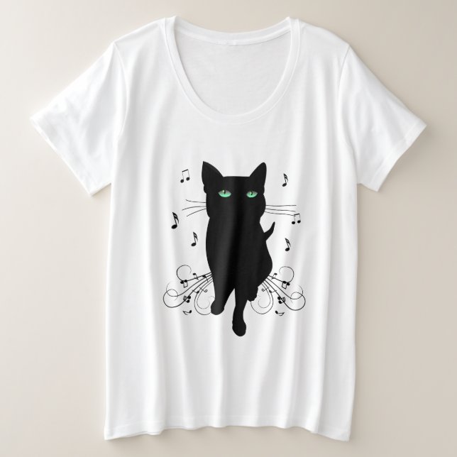 Black Cat Surrounded by Whispering Notes of Music Plus Size T-Shirt (Design Front)