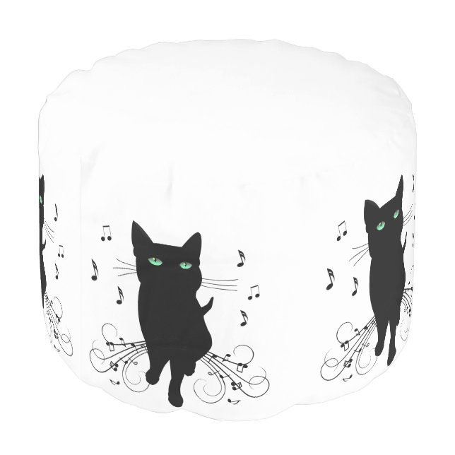 Black Cat Surrounded by Whispering Notes of Music Pouf (Angled Back)