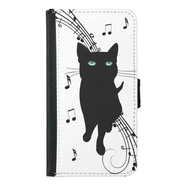 Black Cat Surrounded by Whispering Notes of Music Samsung Galaxy Wallet Case (Front)