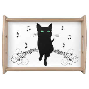 Black Cat Surrounded by Whispering Notes of Music Serving Tray